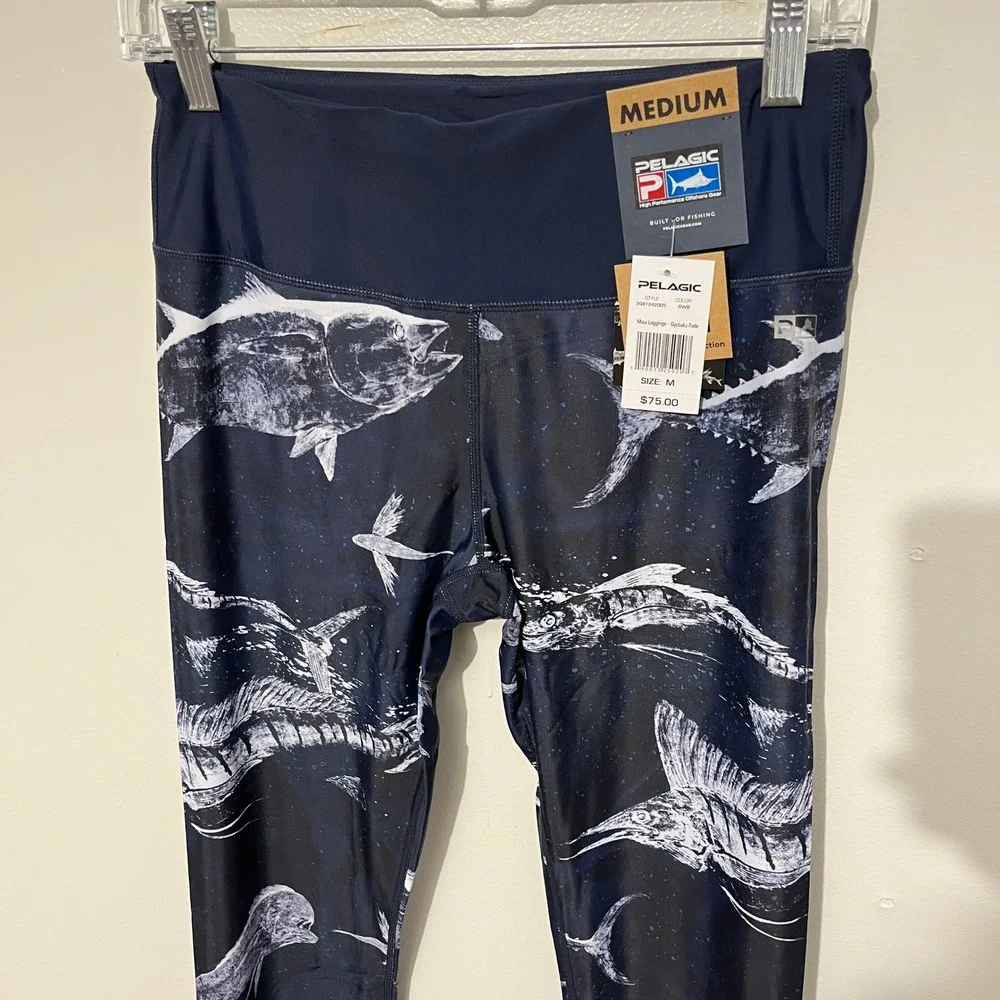 Pelagic Maui Leggings Women Size M Blue Gyotaku Fade Fish Print Dwight Hwang NEW
